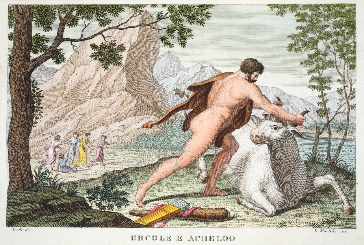 Hercules and Achelous eller Ercole e Acheloo, Bog IX, illustration fra Ovids Metamorphoses, Firenze, 1832 (håndkoloreret gravering) af Luigi Ademollo