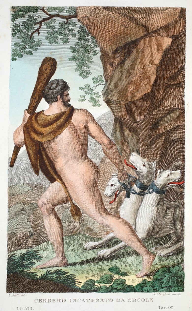 Hercules og Cerberus eller Cerbero Incatenato da Ercole, Bog VII, illustration fra Ovids Metamorphoses, Firenze, 1832 (håndkoloreret gravering) af Luigi Ademollo