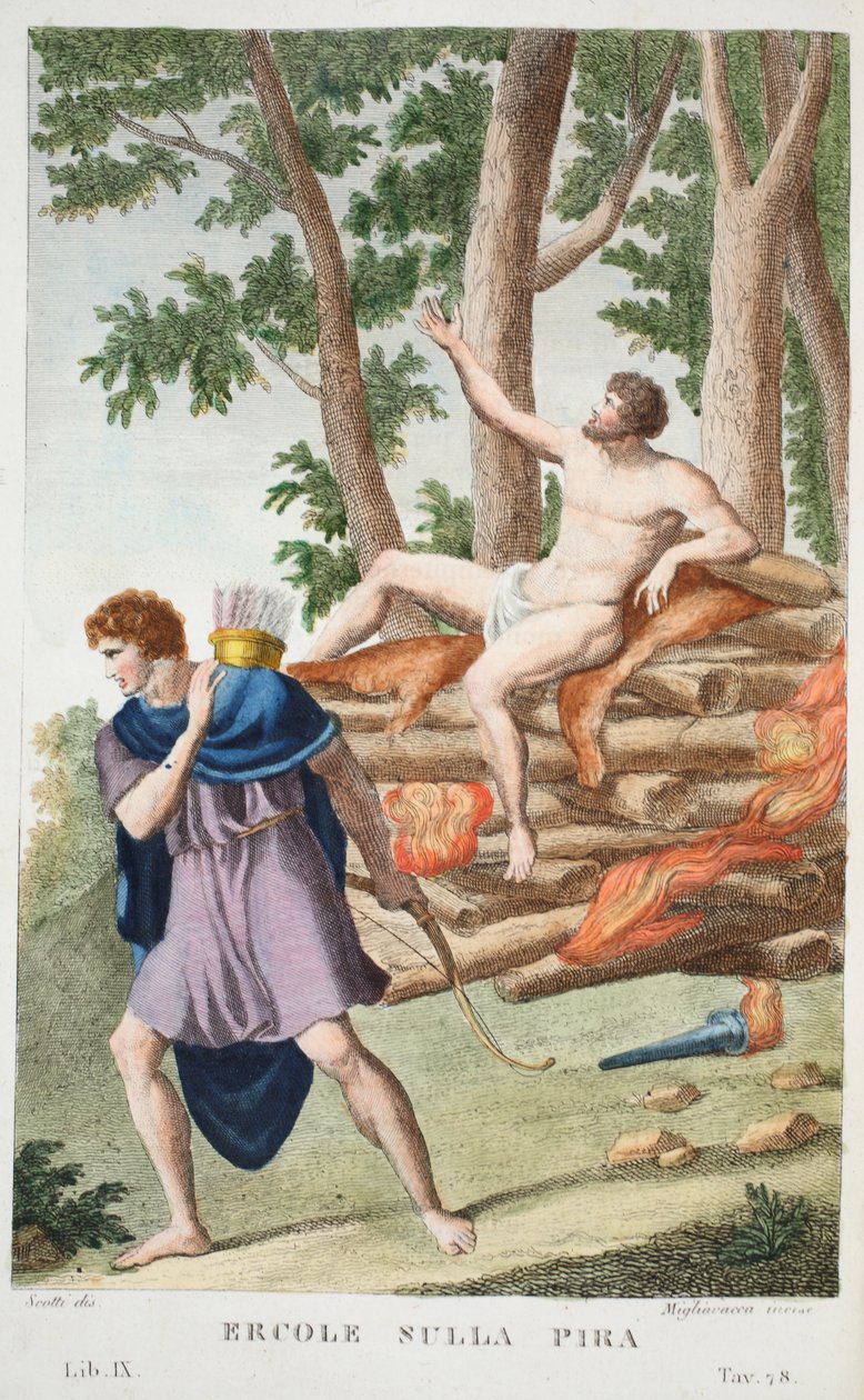 Hercules on the Pyre eller Ercole sulla Pira, Bog IX, illustration fra Ovids Metamorphoses, Firenze, 1832 (håndkoloreret gravering) af Luigi Ademollo