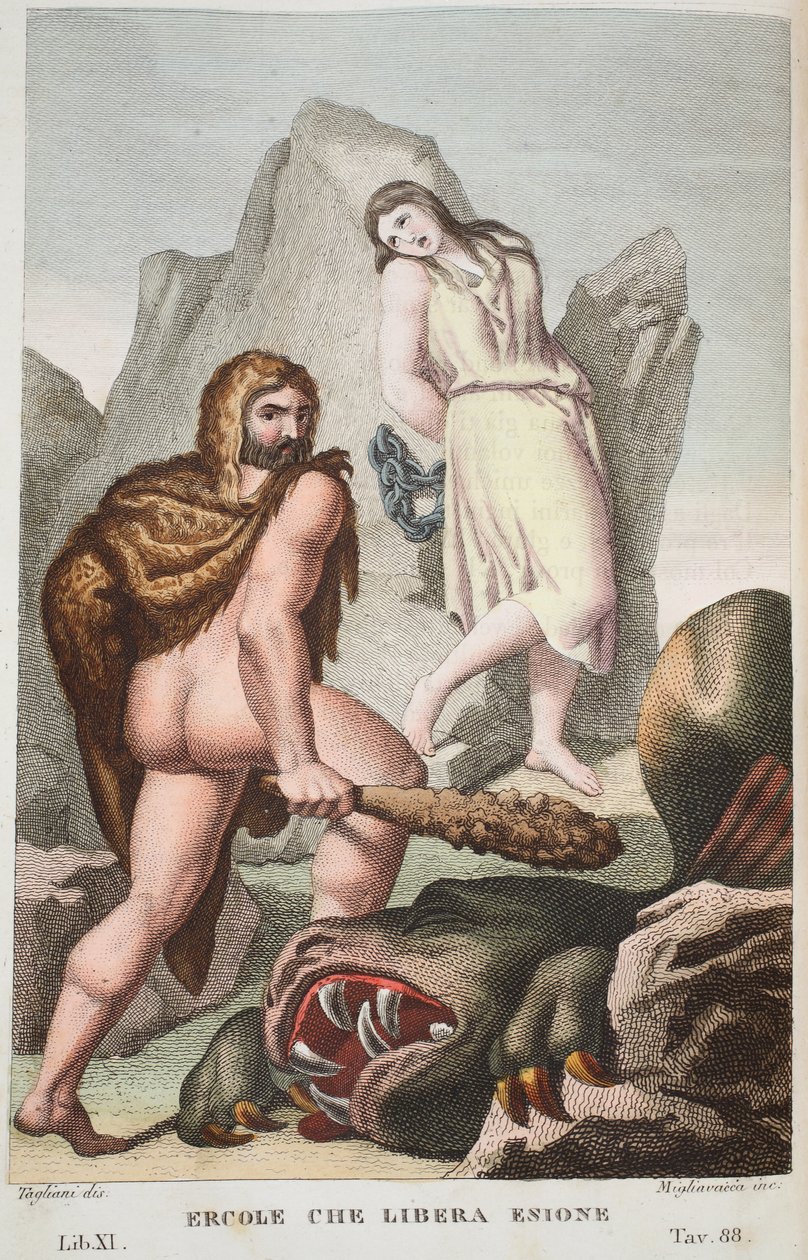 Hercules redder Hesione eller Ercole che Libera Enione, Bog XI, illustration fra Ovids Metamorphoses, Firenze, 1832 (håndkoloreret gravering) af Luigi Ademollo