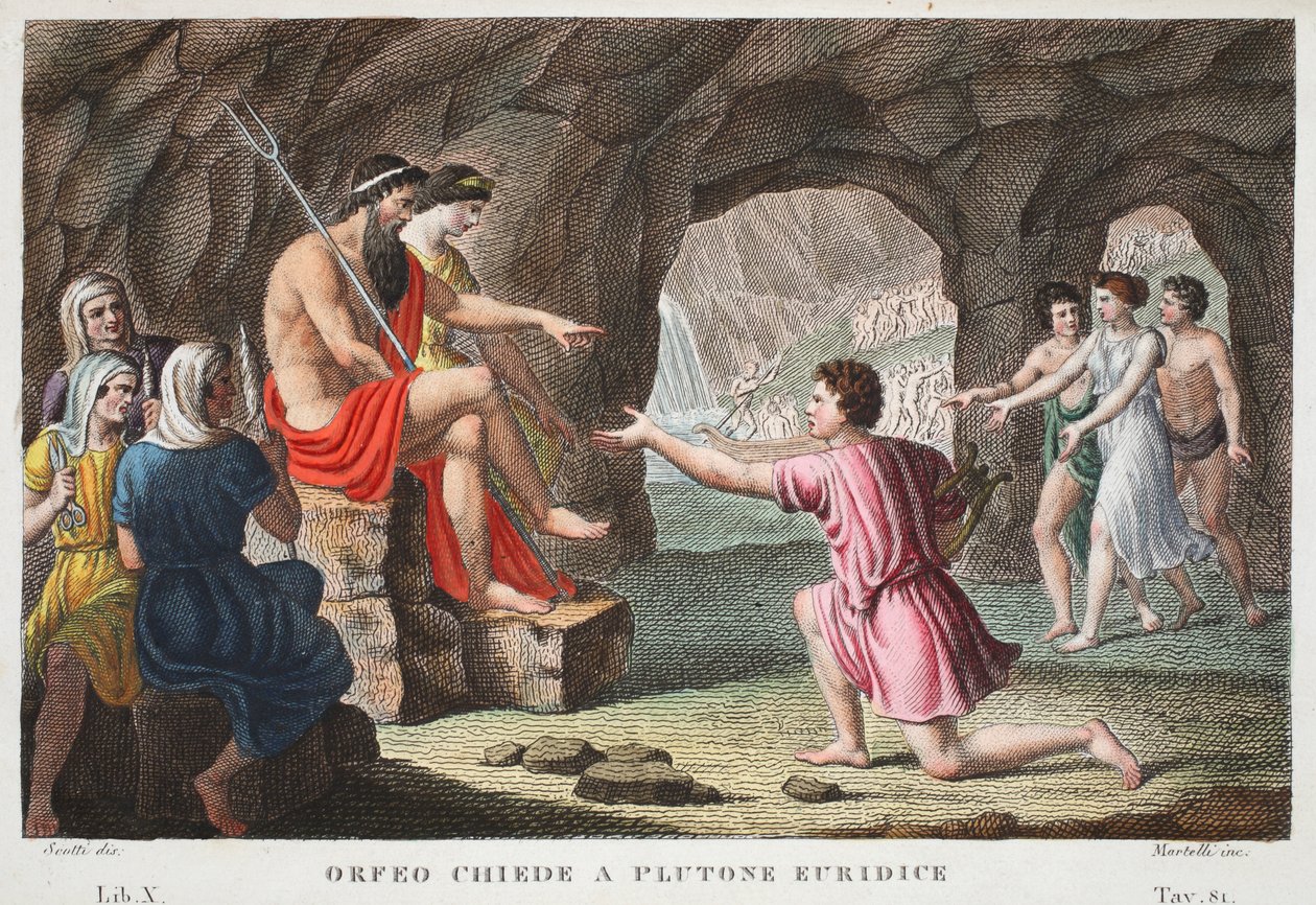 Orpheus in Hell eller Orfeo Chiede a Plutone Euridice, Bog X, illustration fra Ovids Metamorphoses, Firenze, 1832 (håndkoloreret gravering) af Luigi Ademollo