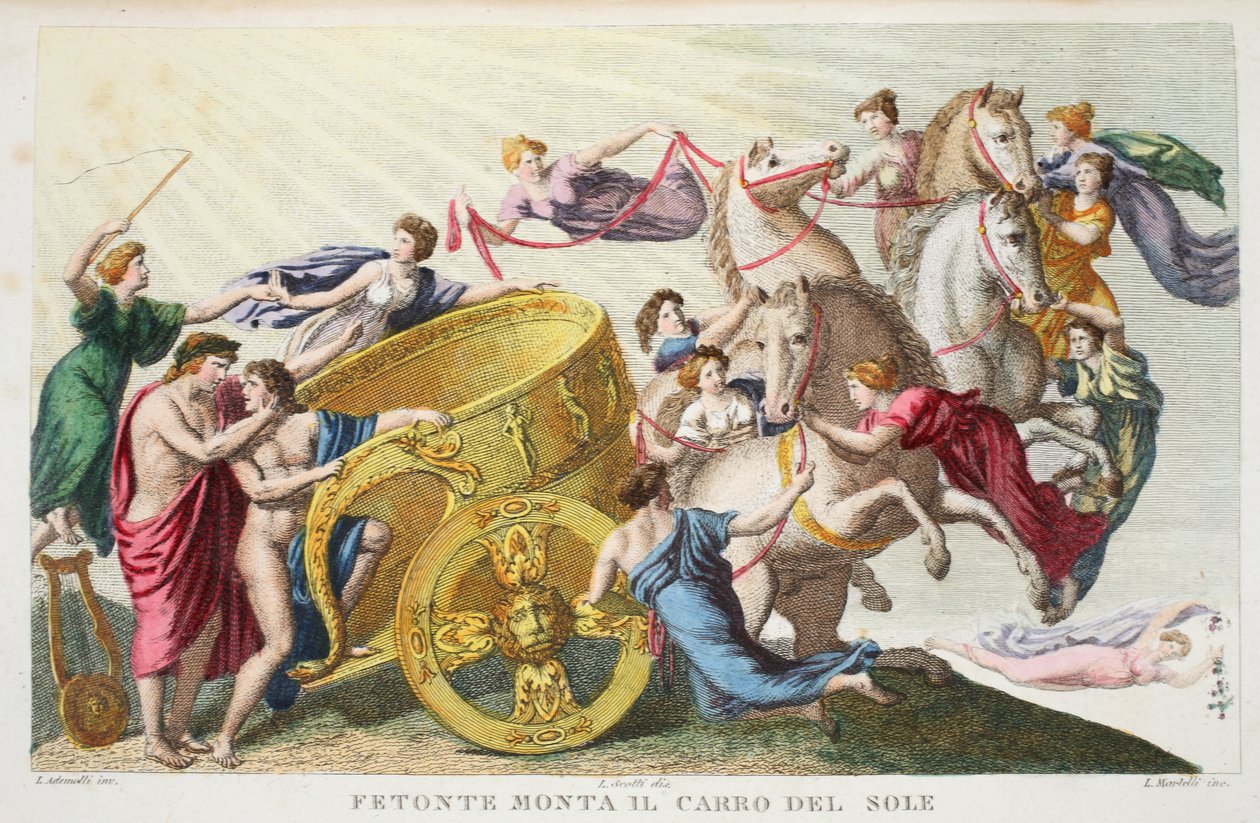 Phaeton kører solens vogn eller Fetonte Monta il Carro del Sole, Bog II, illustration fra Ovids Metamorfoser, Firenze, 1832 (håndkoloreret stik) af Luigi Ademollo