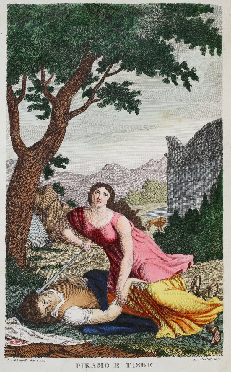 Pyramus og Thisbe eller Piramo e Tisbe, Bog IV, illustration fra Ovids Metamorphoses, Firenze, 1832 (håndkoloreret gravering) af Luigi Ademollo
