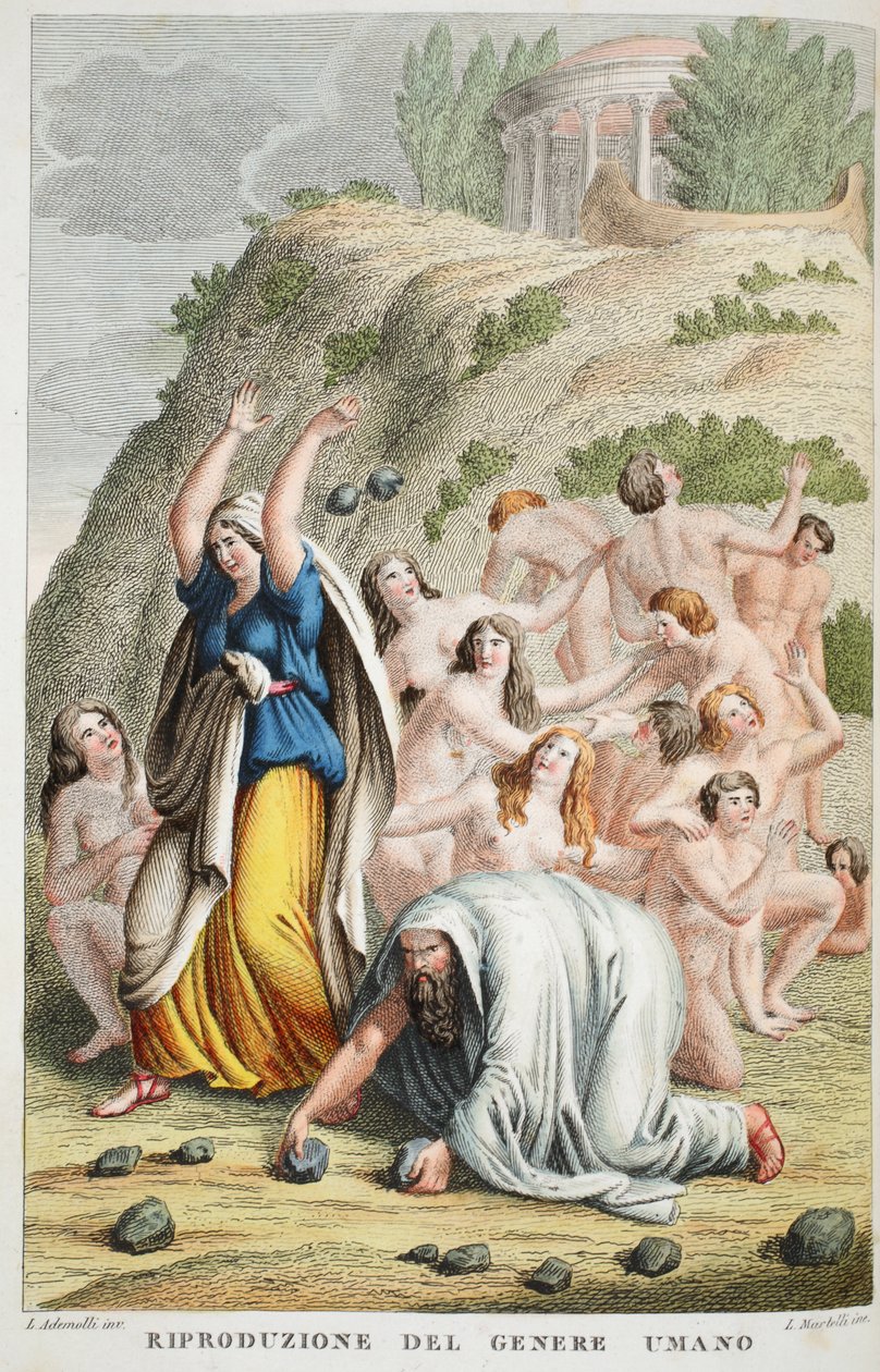 Restoration of the Human Race eller Riproduzione del Genere Umano, Bog I, illustration fra Ovids Metamorphoses, Firenze, 1832 (håndkoloreret gravering) af Luigi Ademollo
