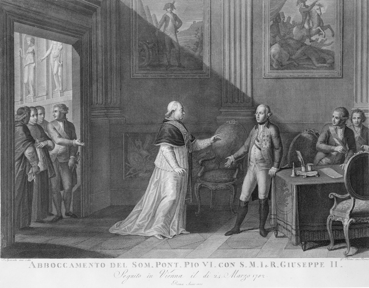 Interview mellem pave Pius VI og kejser Josef II i Wien (kobberstik) af Luigi Agricola