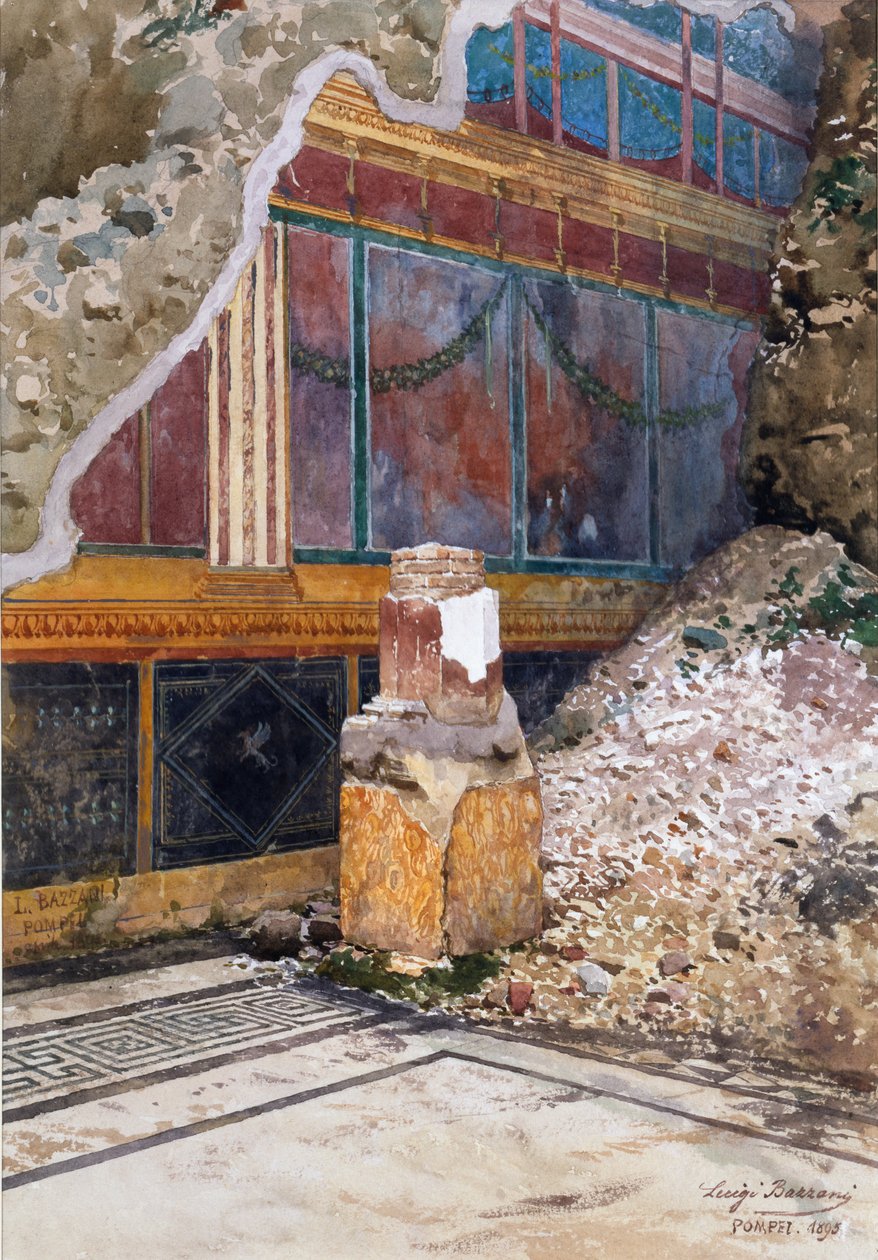 Sølvbryllupets hus, beskadiget freskomaleri af guirlander, set in situ under udgravning, Pompeji, 1897 af Luigi Bazzani