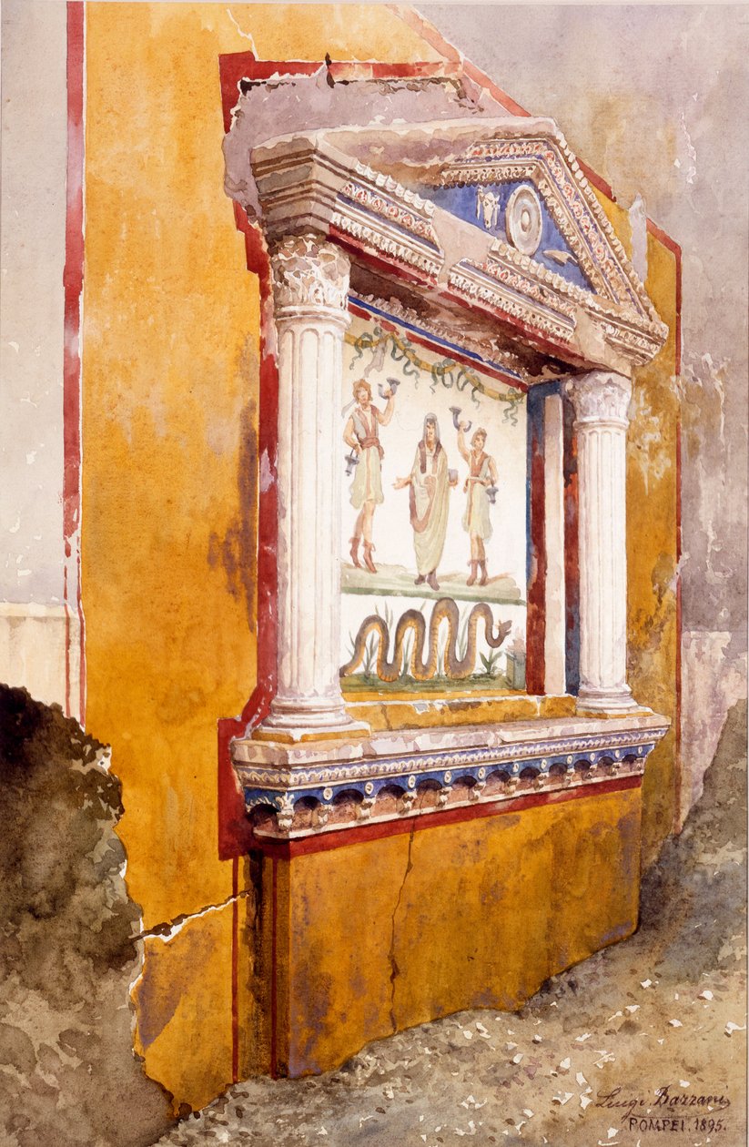 Lararium af familiealter, set in situ efter udgravning, House of Aulus Vettius, Pompeji, ca. 36-39 AD, 1895 af Luigi Bazzani