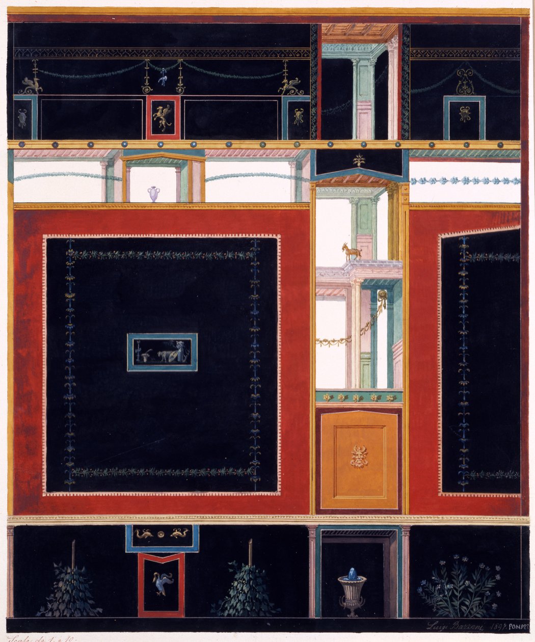 Vægdekorationer fra huset til Aulus Vettius, Pompeji, ca. 36-39 e.Kr., 1897 af Luigi Bazzani