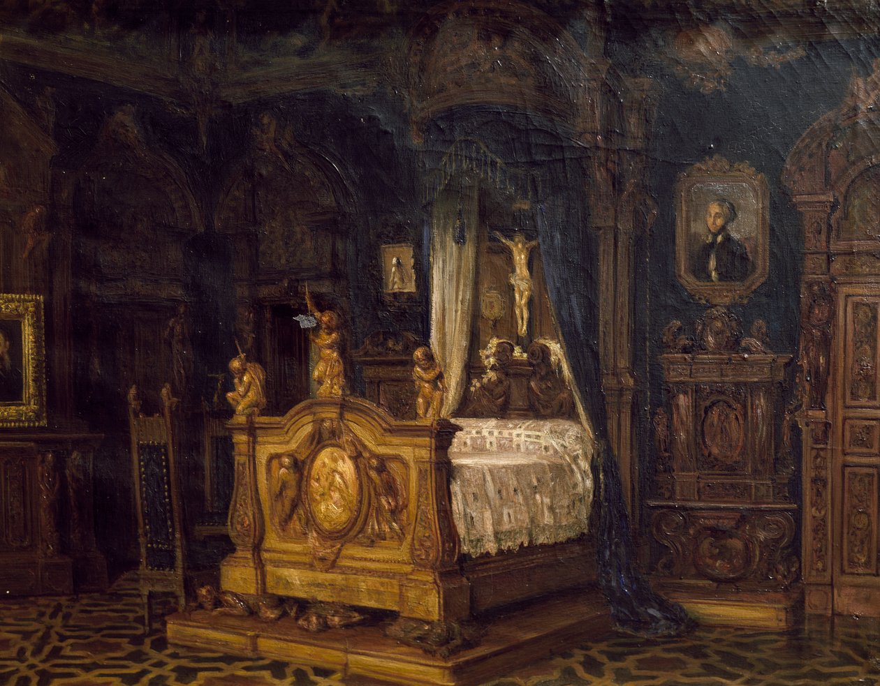Interiør af soveværelse af adelsmanden Gian Giacomo Poldi Pezzoli, ca 1860 af Luigi Bisi
