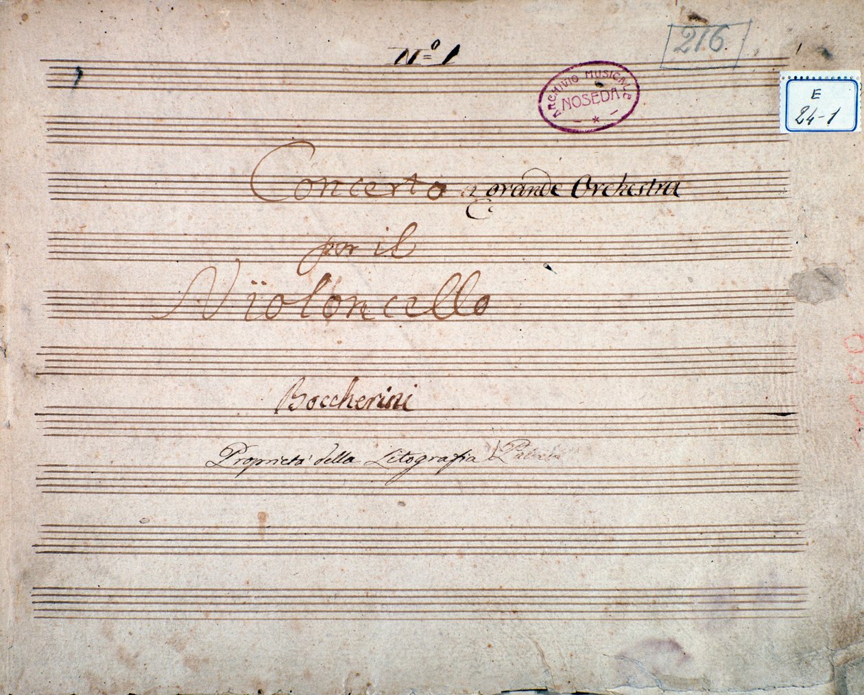 Første side underskrevet af forfatteren af partituret til Koncert for cello og orkester i Es, af Luigi Boccherini af Luigi Boccherini