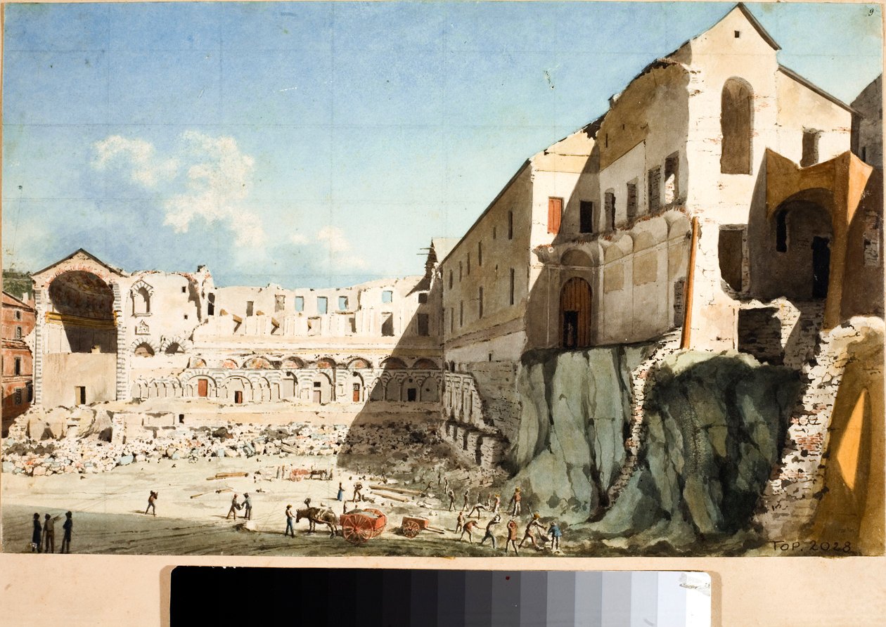 Byggeplads for nedrivning af kirken og klosteret Saint Dominica i Genova (akvarel, ca. 1825) af Luigi Garibbo