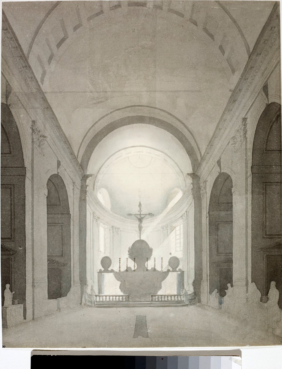 Indvendigt billede af en kirke (Tegning og akvarel, ca 1825) af Luigi Garibbo
