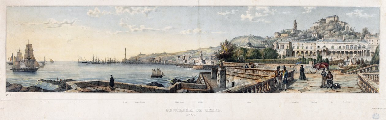 Panoramaudsigt over byen Genova (litografi af Luigi Garibbo
