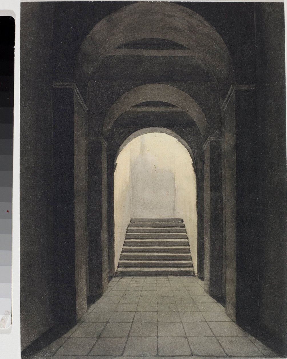 Perspektiv af korridor ved Capuchins-klosteret i Genova (Akvarel, ca. 1825) af Luigi Garibbo