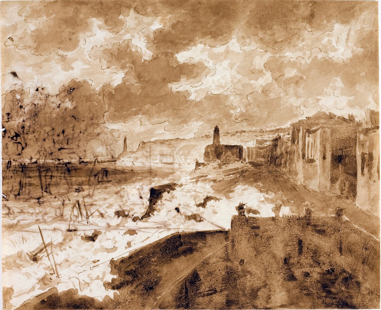 Ved havet i Genova, under højvande i 1821 (Akvarel, ca. 1821) af Luigi Garibbo