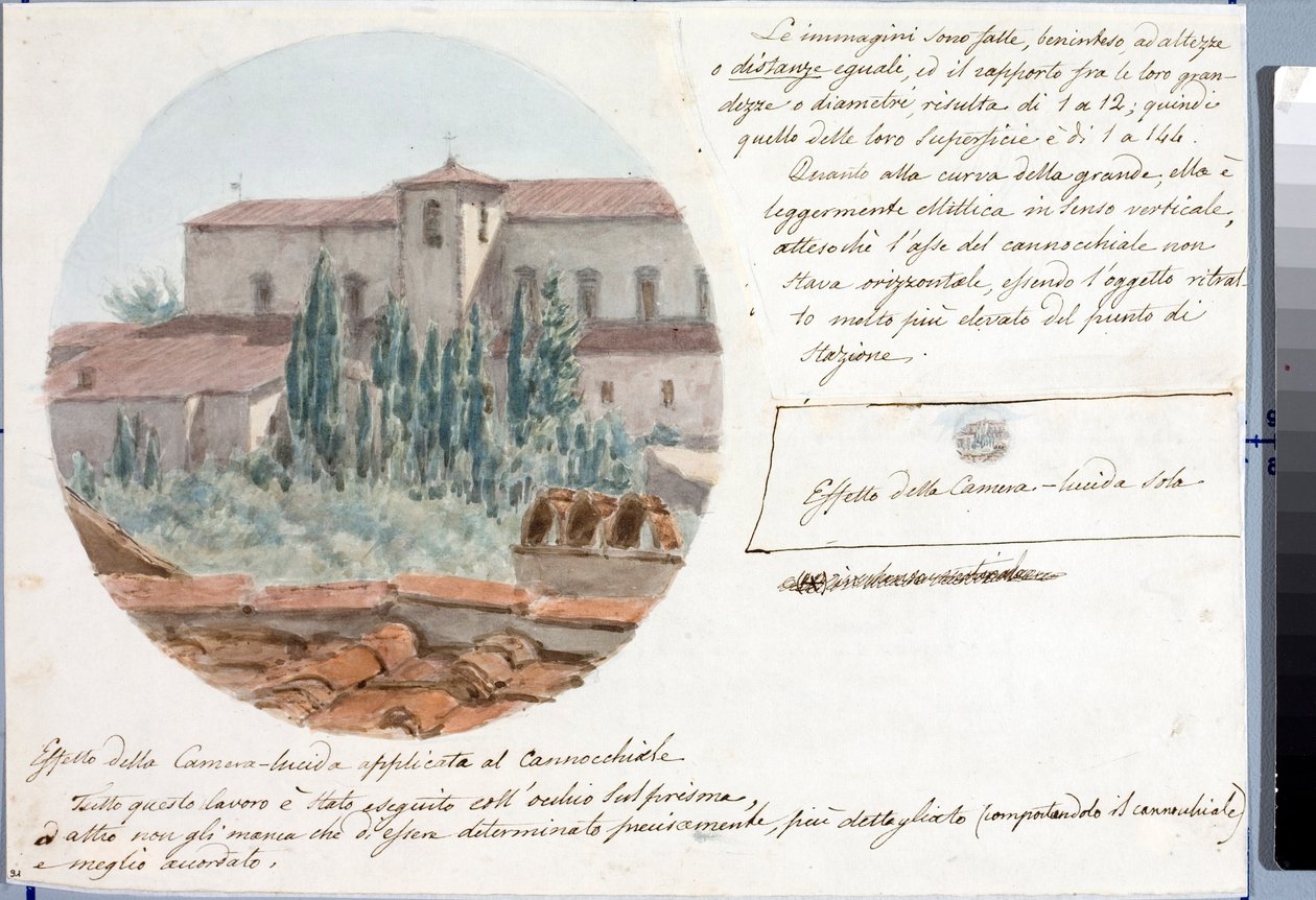 Teleskopudsigt over San Salvatore al monte kirke nær Firenze (Tegning og akvarel, ca 1833) af Luigi Garibbo