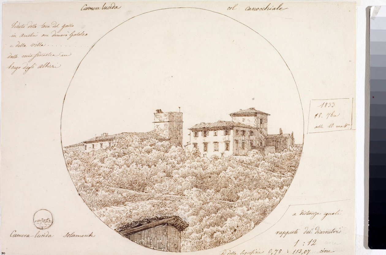 Teleskopudsigt over Torre del Gallo ved Arcetri nær Firenze (Tegning, ca 1833) af Luigi Garibbo