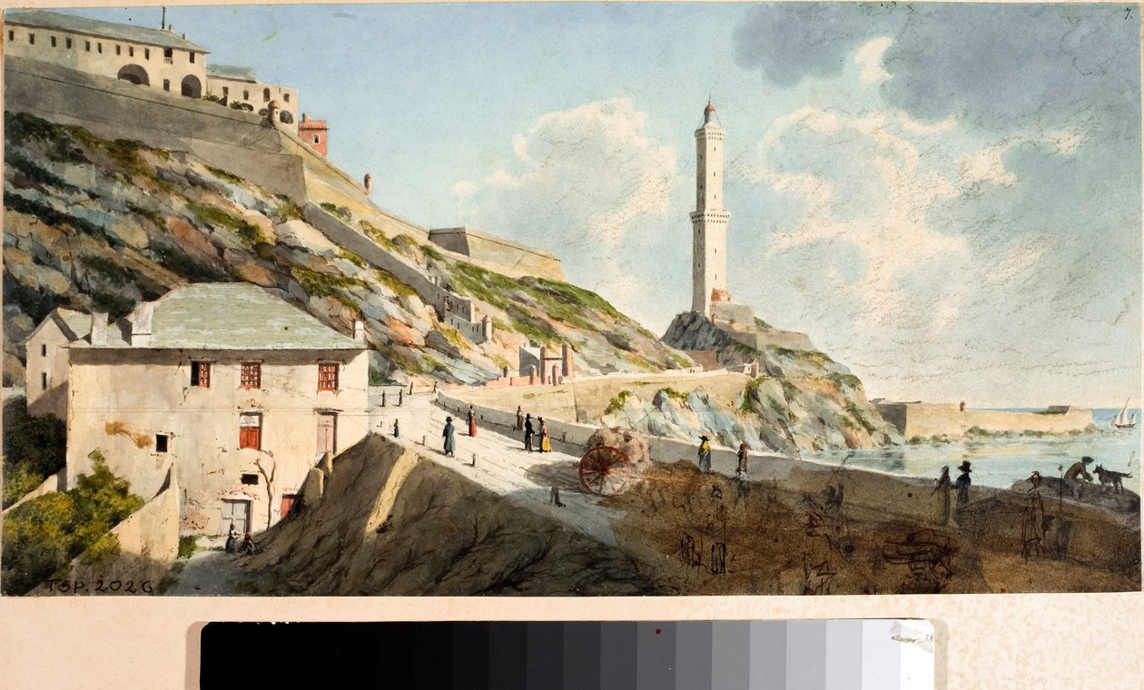 Lanterna, fyrtårnet i byen Genova (akvarel, ca 1825) af Luigi Garibbo