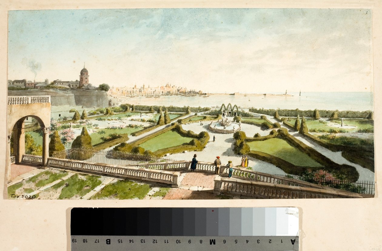 Parken i villaen Prins Doria og Genova i baggrunden (Tegning og akvarel, ca 1825) af Luigi Garibbo