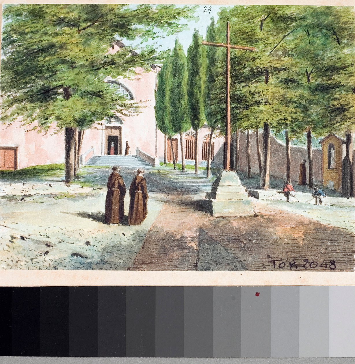 Udsigt over Capuchin kirken, Genova (Tegning og akvarel, ca 1825) af Luigi Garibbo