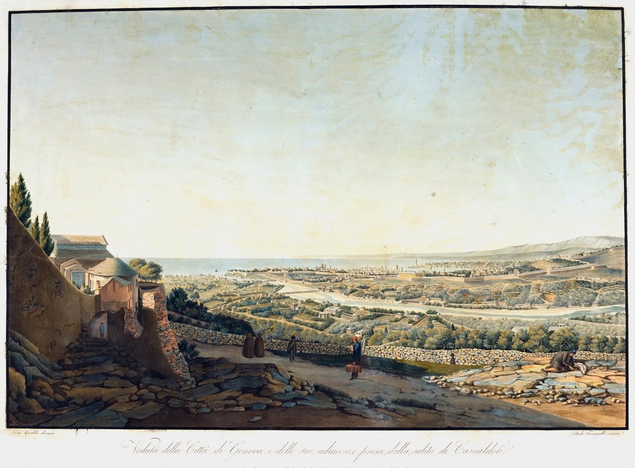 Udsigt over Genova og omgivelserne fra vejen til Camaldoli (Etching af Luigi Garibbo