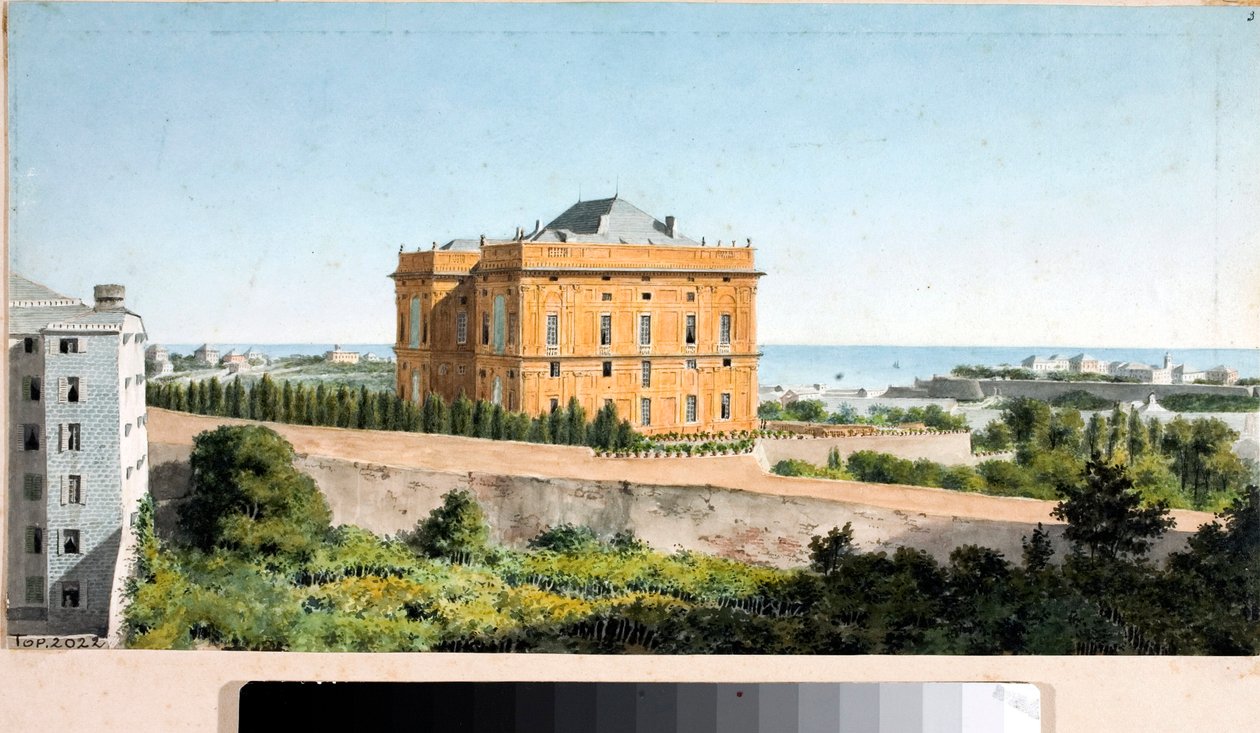 Udsigt over Palazzo Pallavicini kaldet Palazzo delle Peschiere, Genova (Akvarel, ca. 1825) af Luigi Garibbo