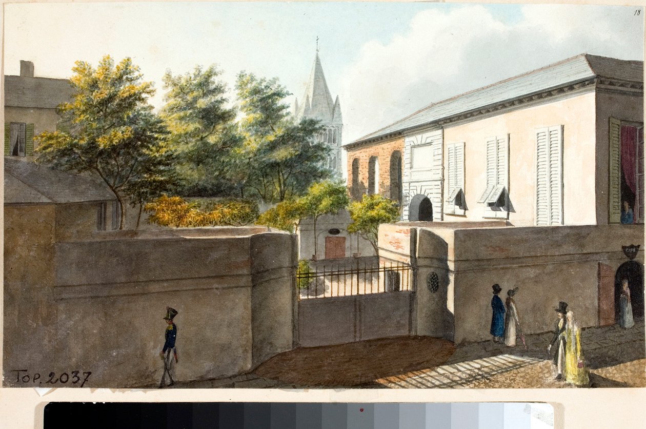 Udsigt over Villa Faraggiana og klokketårnet i Pre (Tegning og akvarel, ca. 1825) af Luigi Garibbo