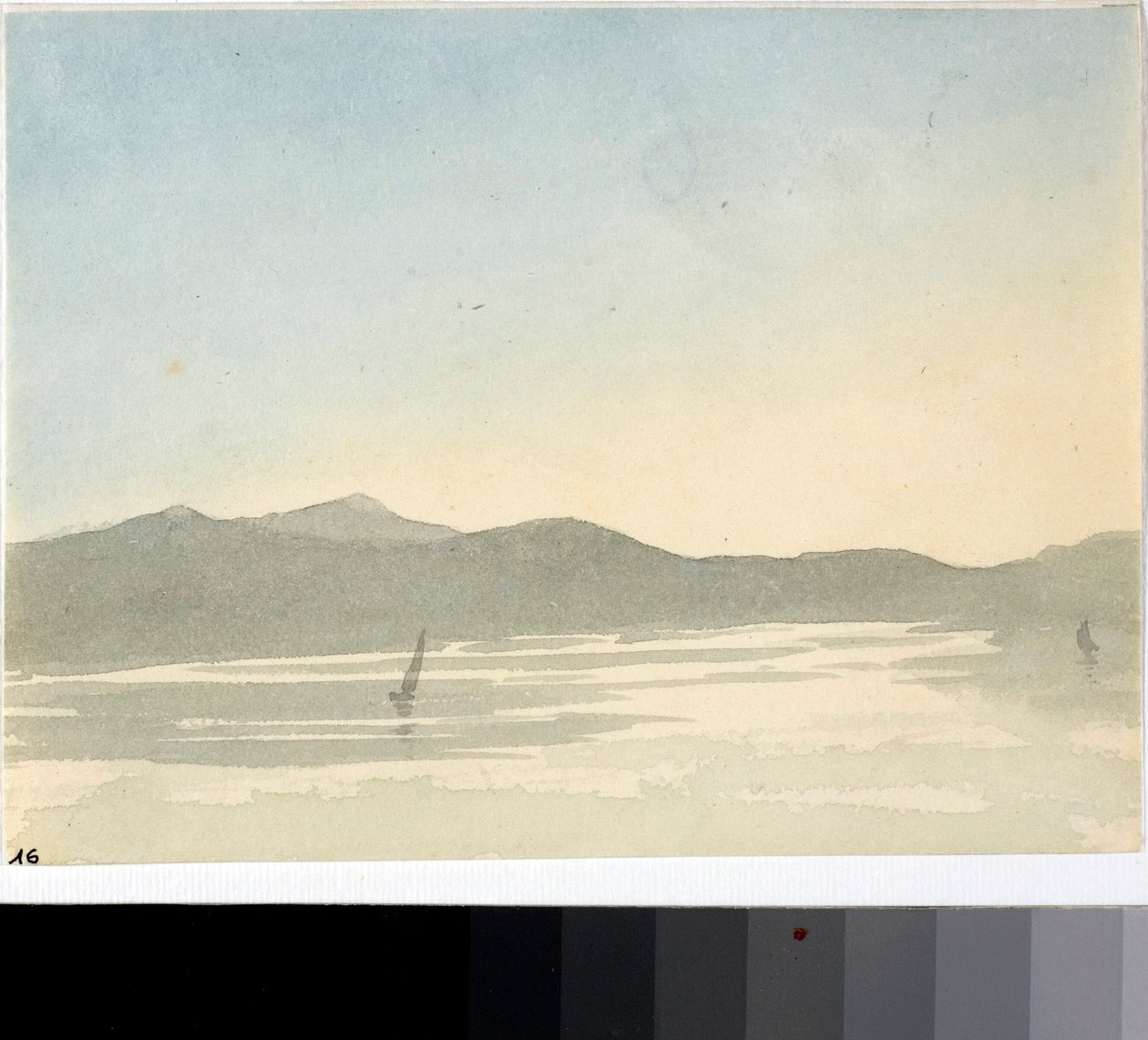 Udsigt over en sø ved daggry (Akvarel, ca. 1825) af Luigi Garibbo