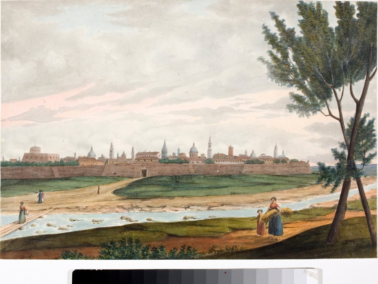Udsigt over en befæstet by, sandsynligvis Lucca i Toscana (blæk og akvarel, ca. 1820) af Luigi Garibbo