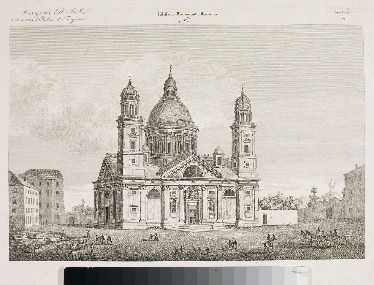 Udsigt over Basilica Santa Maria Assunta di Carignano i Genova (ætsning af Luigi Garibbo
