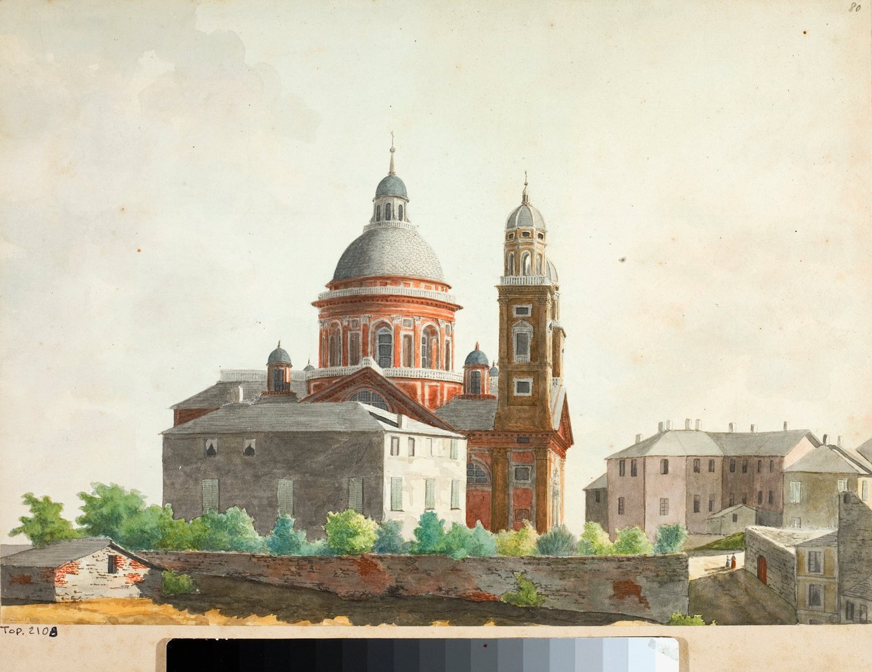 Udsigt over basilikaen Santa Maria Assunta di Carignano i Genova (akvarel af Luigi Garibbo
