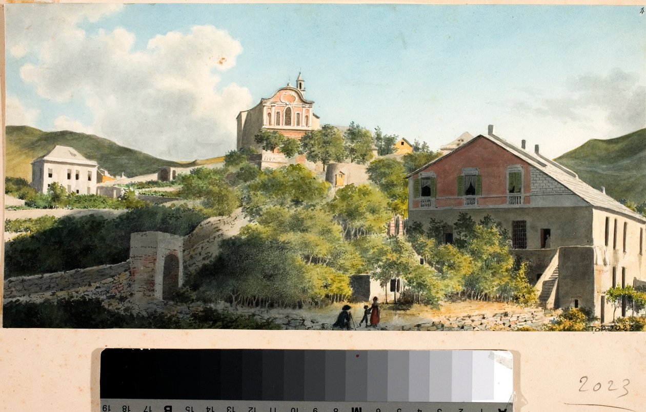 Udsigt over bakken og kirken Oregina, Genova (akvarel, ca. 1825) af Luigi Garibbo