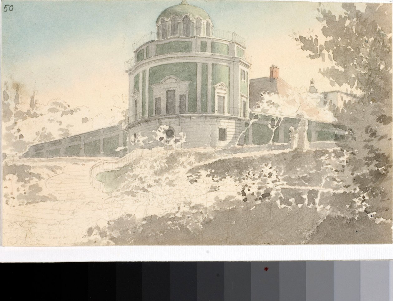Udsigt over Pavilion Kaffeehause i Bobolis haver (Akvarel, ca. 1825) af Luigi Garibbo