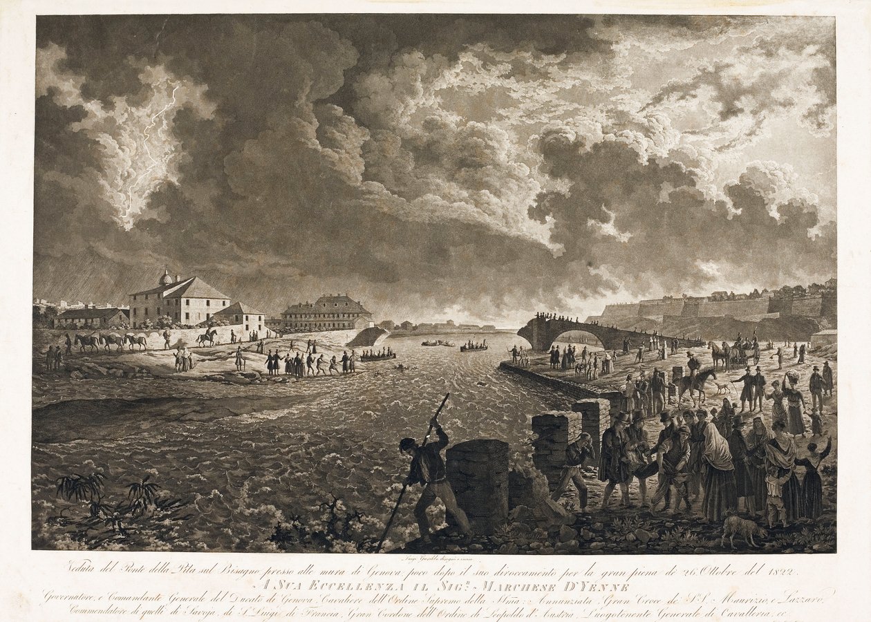 Udsigt over broen Pila i Genova, efter oversvømmelsen af Bisagno-floden den 26/10/1822 (Etching, ca. 1822) af Luigi Garibbo