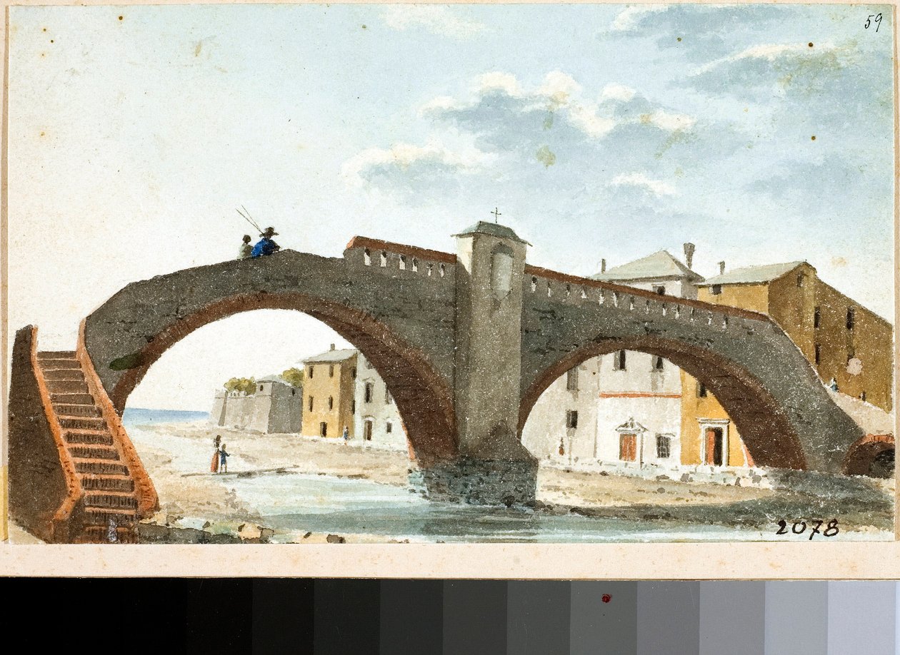 Udsigt over broen over Leira i Voltri, Genova (Akvarel, ca 1820) af Luigi Garibbo
