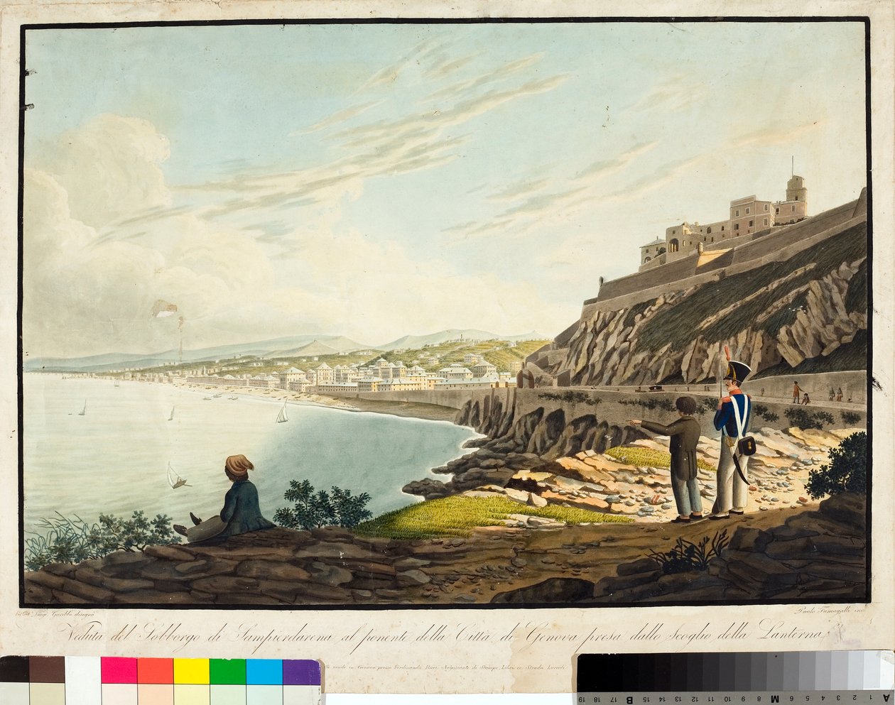 Udsigt over distriktet Sampierdarena vest for Genova fra fyrtårnet. (Etching, ca. 1813-1814) af Luigi Garibbo