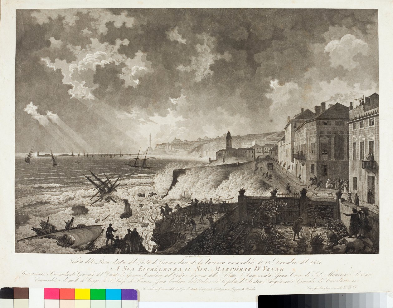 Udsigt over havnen i Genova under stormen den 25/12/1821 (gravering, ca. 1821) af Luigi Garibbo