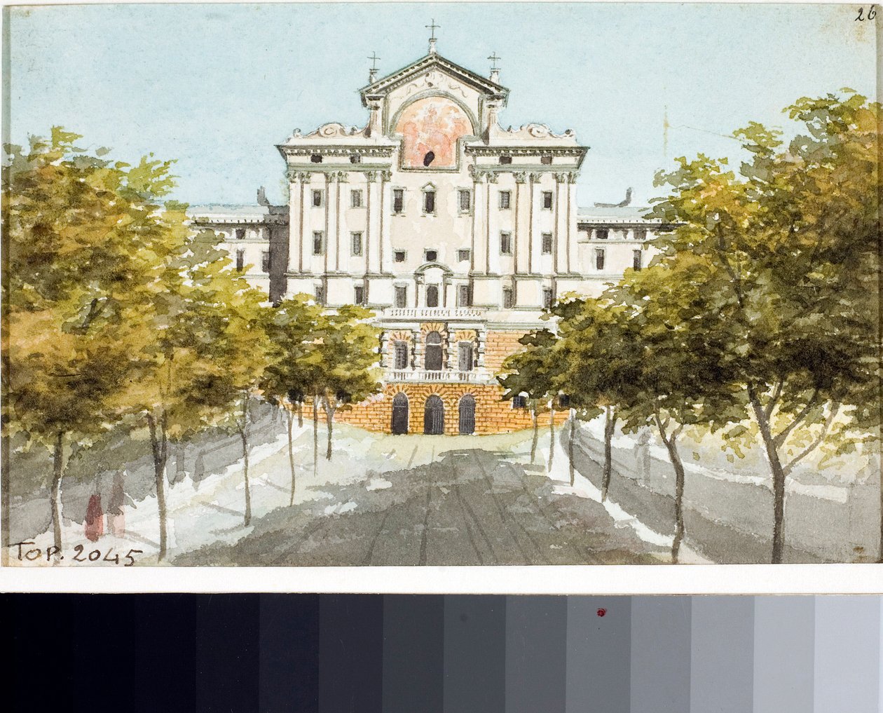 Udsigt over de fattiges hospice i Genova (Tegning og akvarel, ca 1825) af Luigi Garibbo