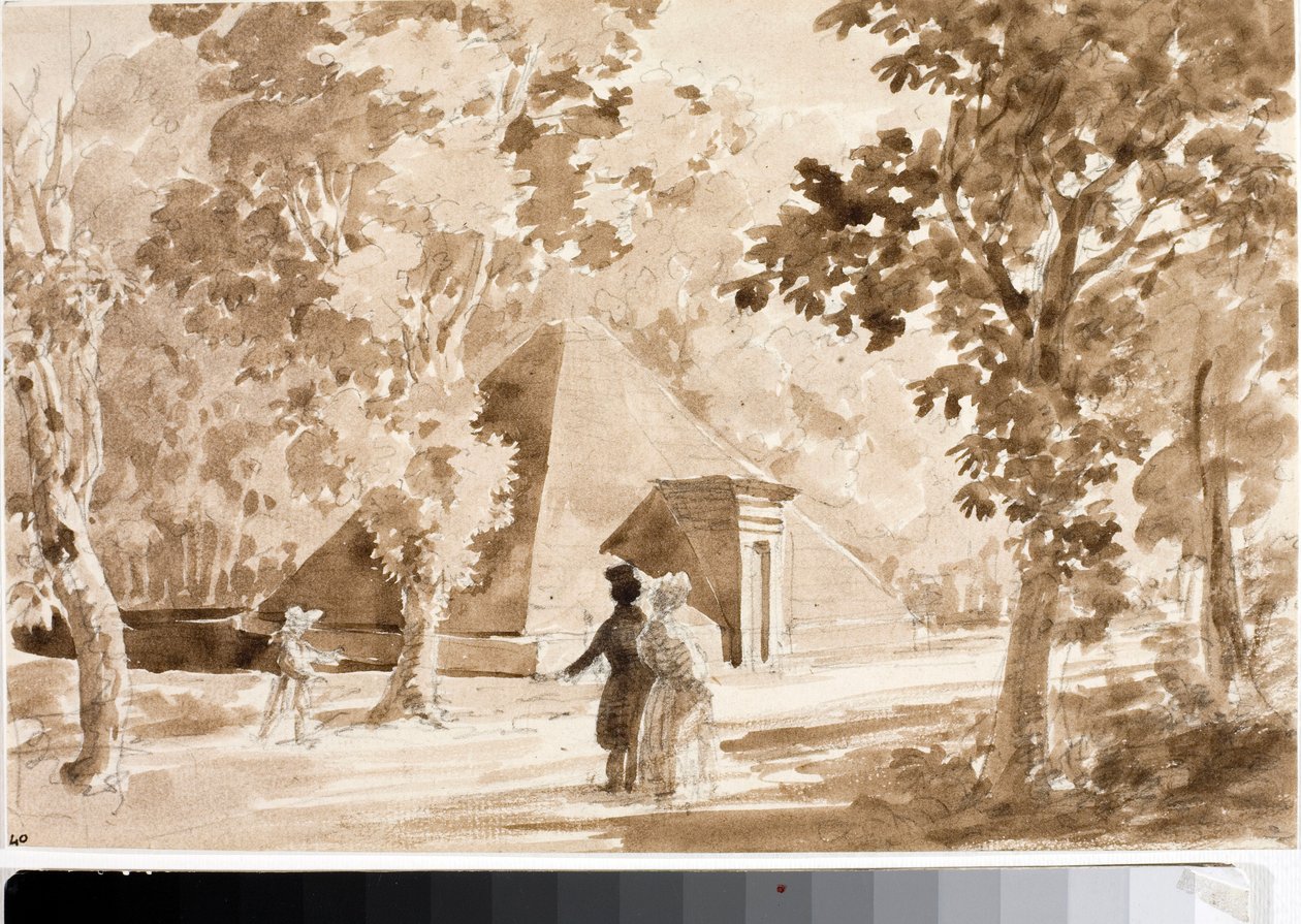 Udsigt over pyramiden i Parco delle Cascine i Firenze (Akvarel, ca. 1820) af Luigi Garibbo