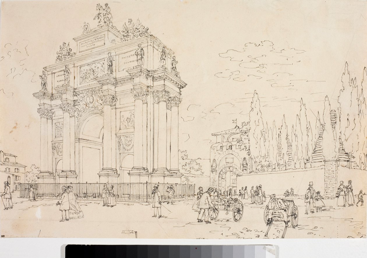 Udsigt over triumfbuen i Porta san Gallo, Firenze (Tegning, ca 1825) af Luigi Garibbo