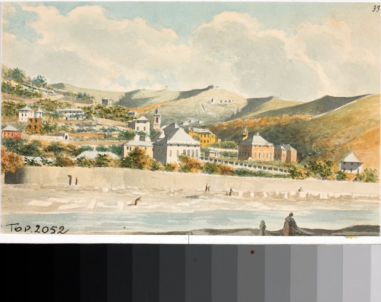 Udsigt over Marassi-bakken med klokketårn i Santa margherita-kirken nær Genova (akvarel, ca 1825) af Luigi Garibbo