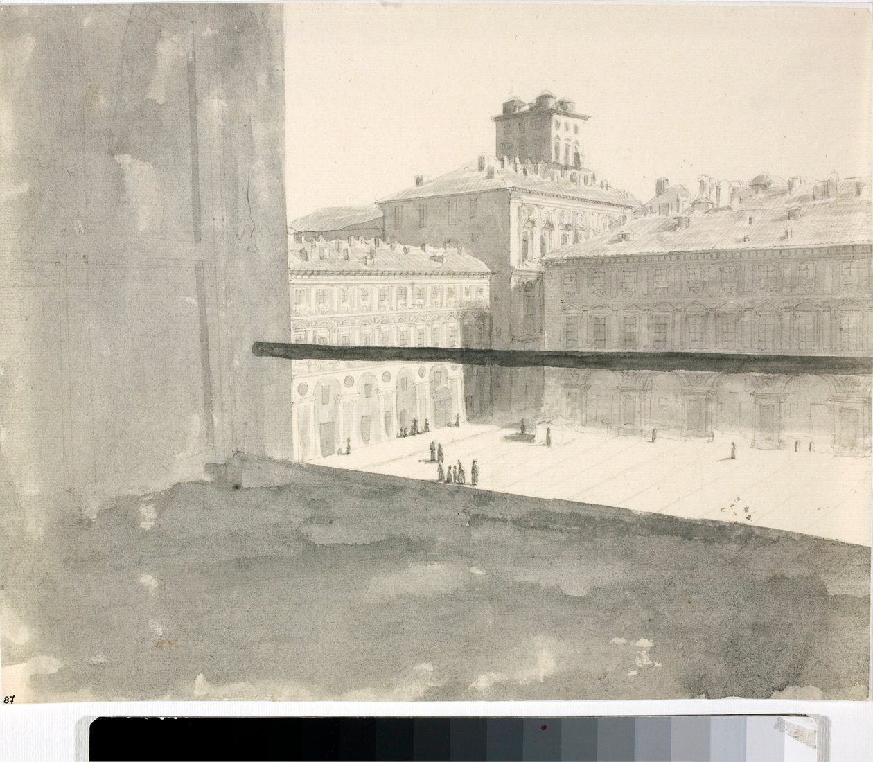 Udsigt over en firkant fra et vindue, Italien (Lavis, ca 1825) af Luigi Garibbo