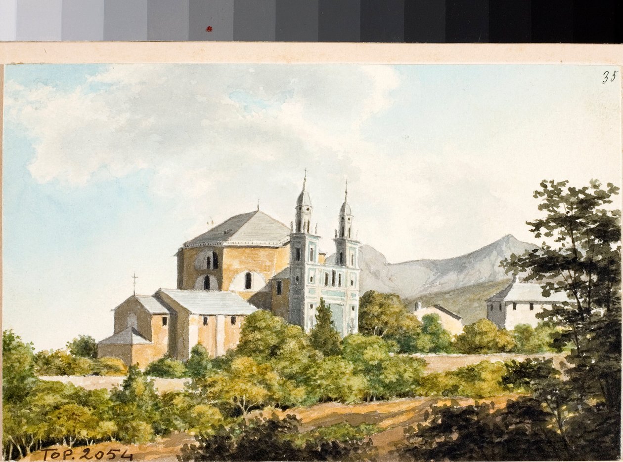 Udsigt over kirken ss Nazarius og Celsus i Arenzano, Genova (akvarel, ca 1825) af Luigi Garibbo