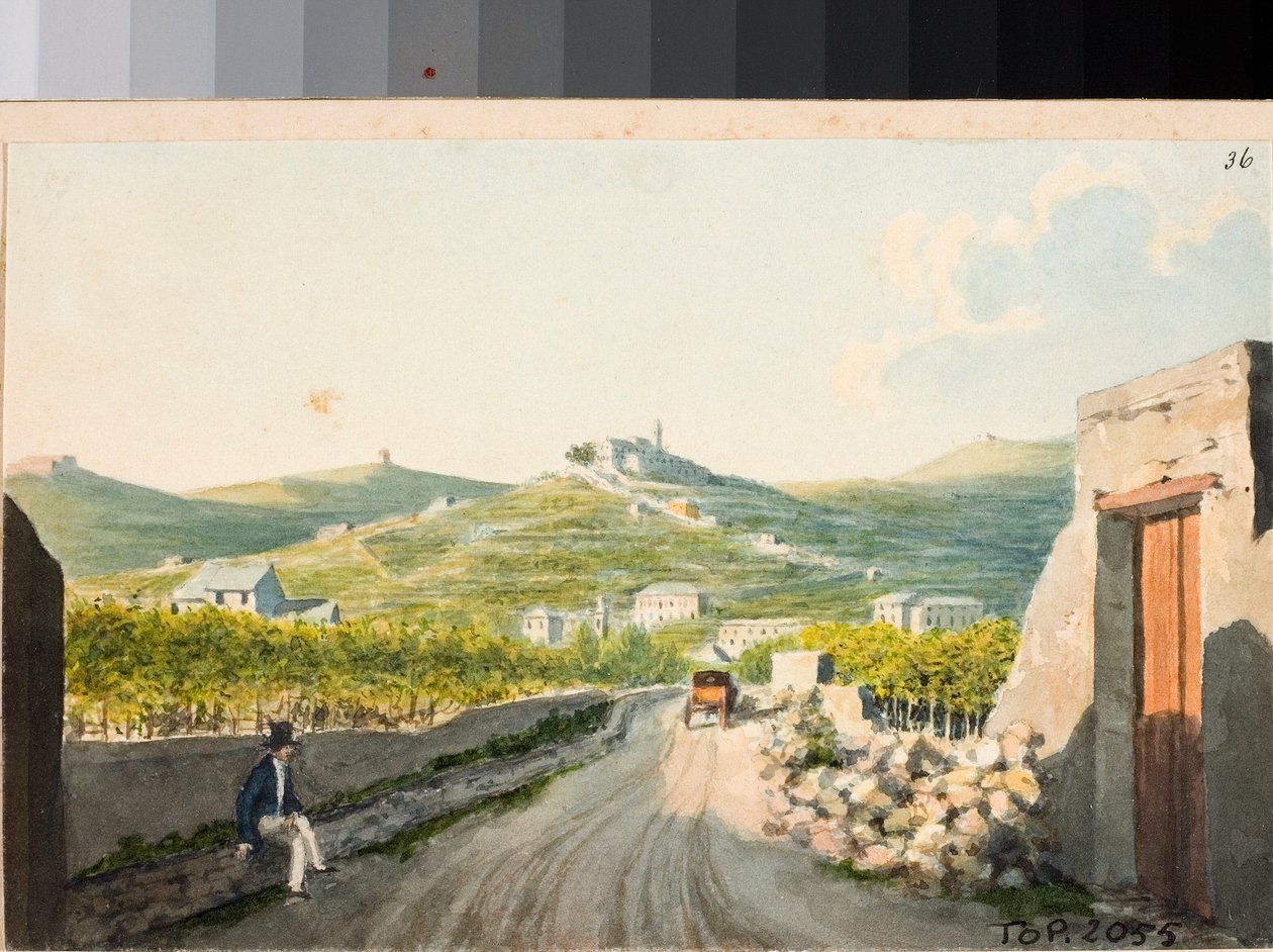 Udsigt over helligdommen Nostra Signora del Monte, Genova (Akvarel, ca 1825) af Luigi Garibbo