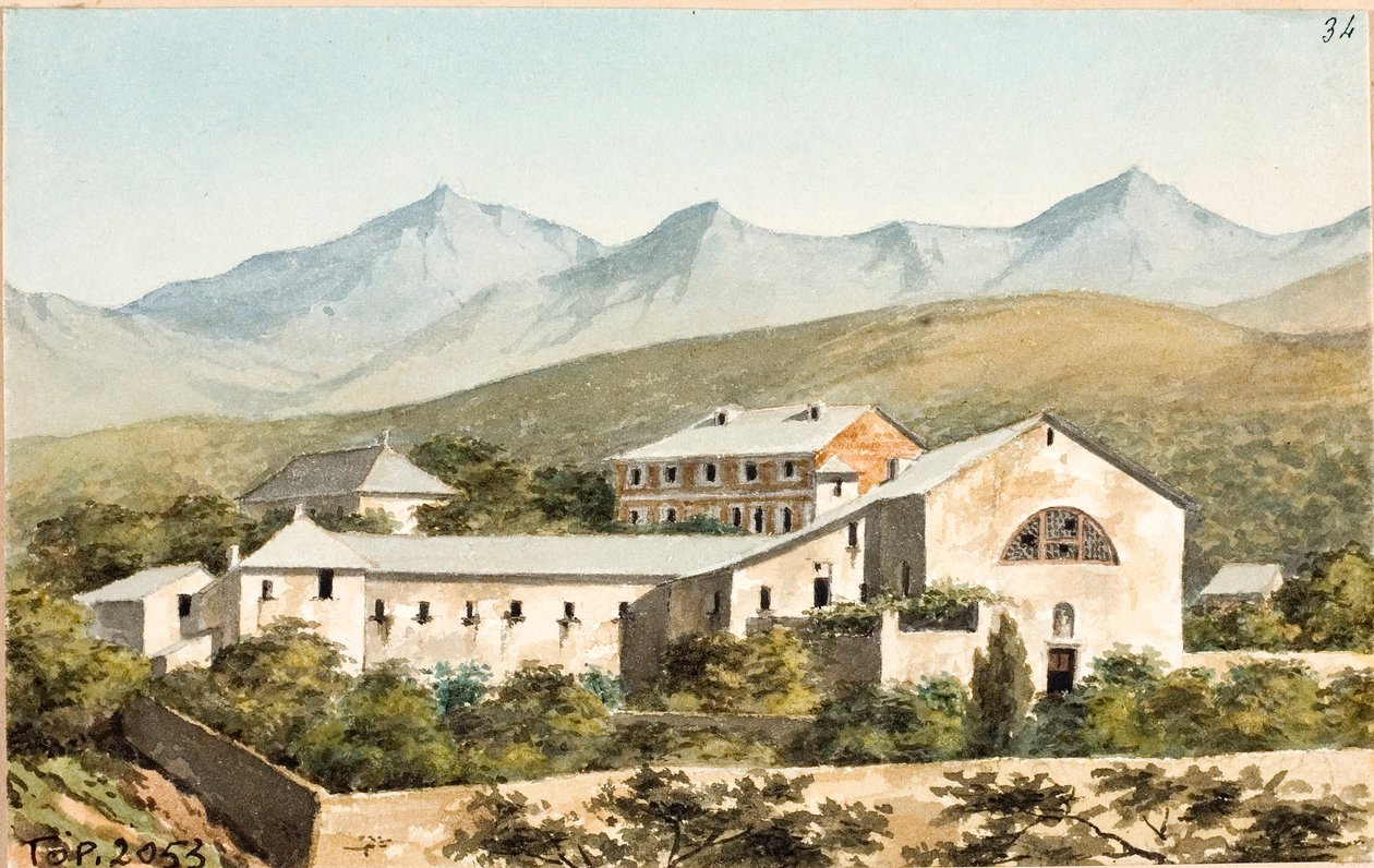 Udsigt over helligdommen Nostra Signora del Monte, Genova (Akvarel, ca. 1825) af Luigi Garibbo
