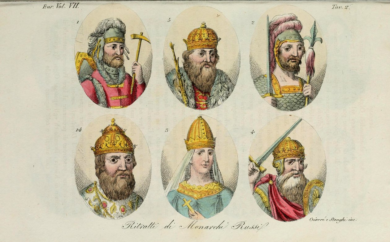 1. Rurik 2. Igor af Kiev 3. Olga 4. Sviatoslav 5. Vladimir den Store 14. Ivan IV fra Den antikke kostume af Giulio Ferrario, 1831 af Luigi Giarrè