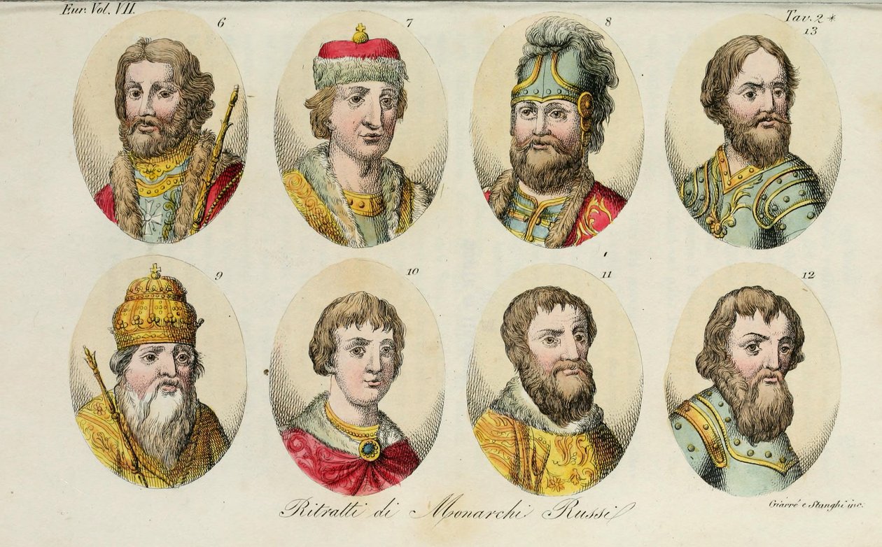 sh. Yaroslav sh. Svyatoslav I 8. Svyatopolk I. Vladimir Monomakh 10. Yuri I 11. Ivan I 12. Dmytro Donskoy 13. Ivan III, 1831 af Luigi Giarrè