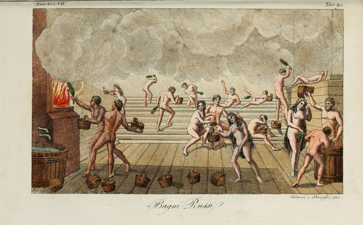 russisk bad. Illustration fra antikke og moderne skikke eller regeringshistorie... af Giulio Ferrario, 1831 af Luigi Giarrè