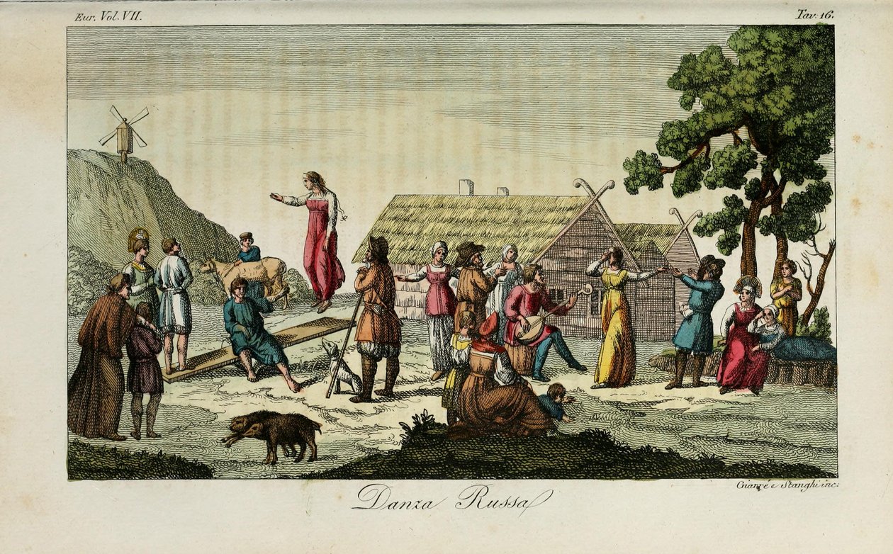 Russisk dans. Illustration fra antikke og moderne skikke eller regeringshistorie af Giulio Ferrario, 1831 af Luigi Giarrè