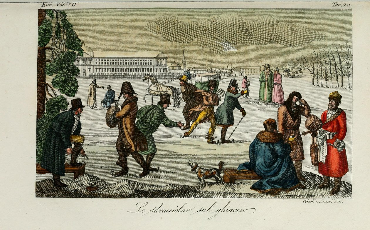 Skøjtebane. Illustration fra antikke og moderne skikke eller regeringshistorie af Giulio Ferrario, 1831 af Luigi Giarrè